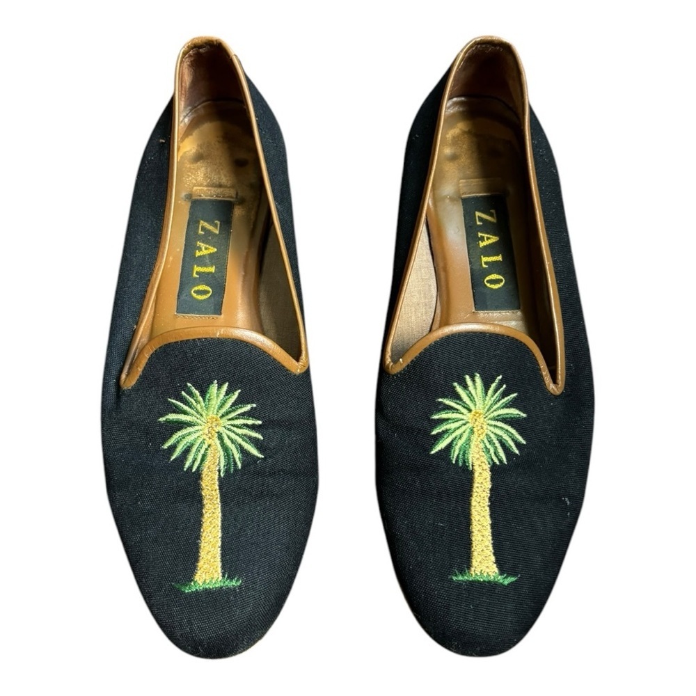 Zalo Black Palm Tree Slip On Almond Toe Embroidered Size 6.5 - Picture 2 of 12